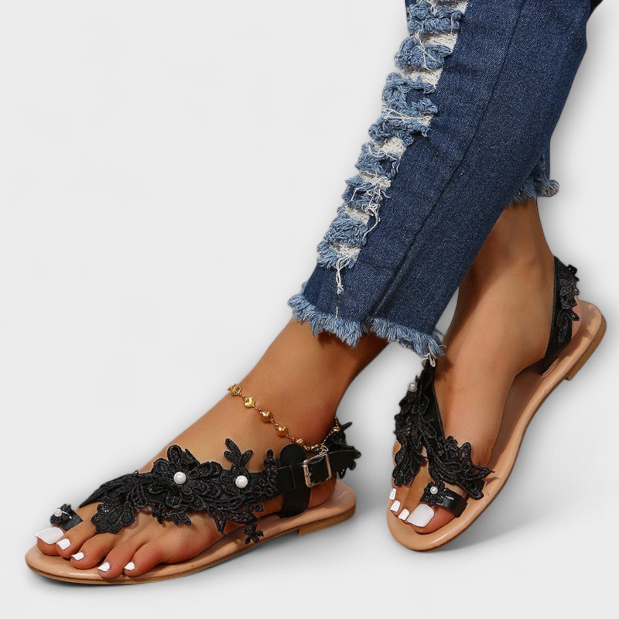 Boho - Pohodlné sandály s květinami a kotníkovým páskem