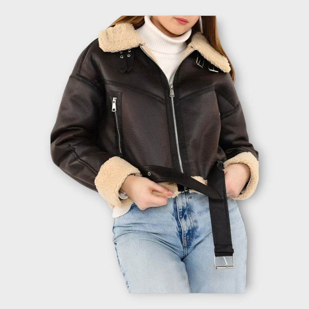 Moderní kožená bunda s podšívkou a páskem