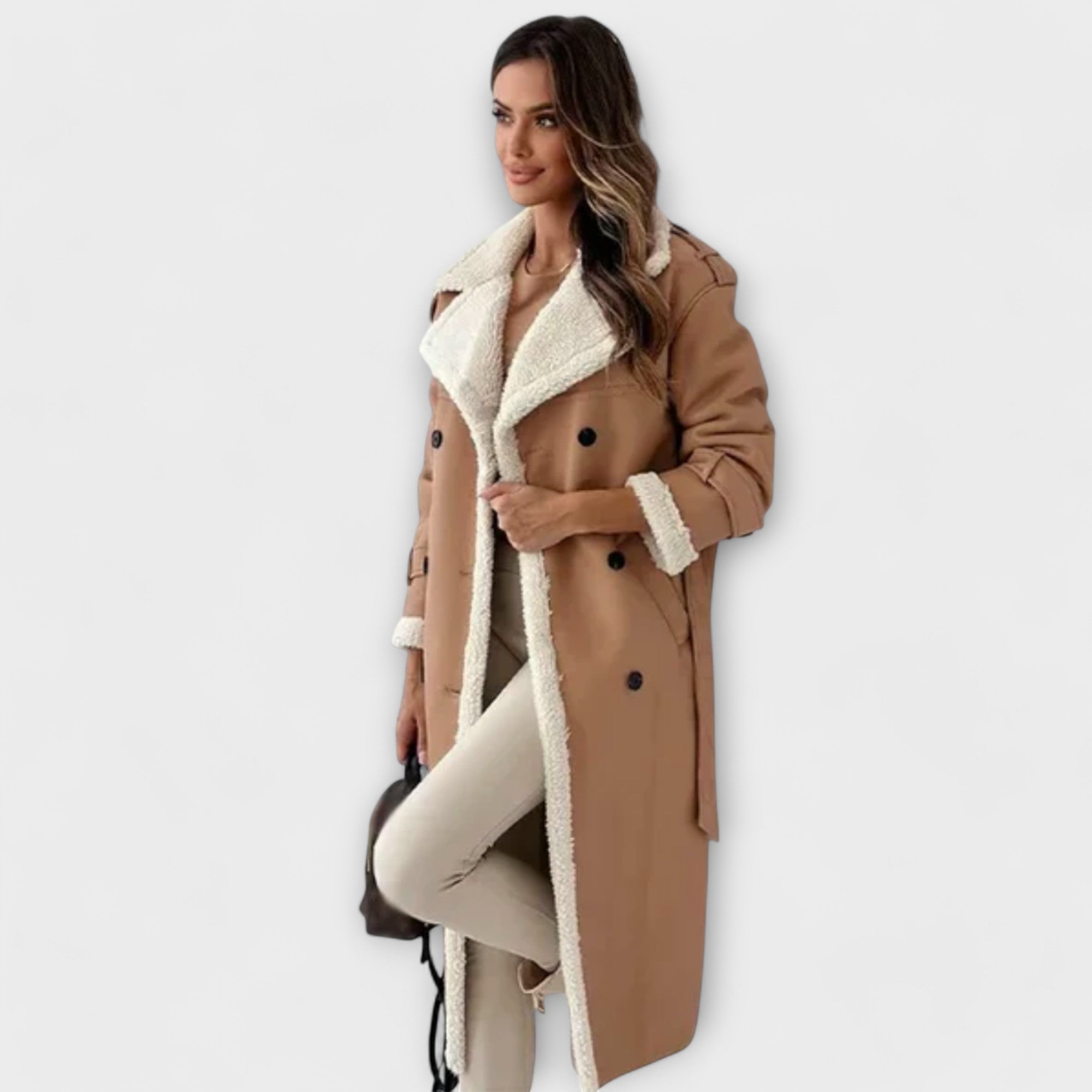 Maria – Dlouhá klasická bunda s fleecovou podšívkou a límcem z teddy materiálu